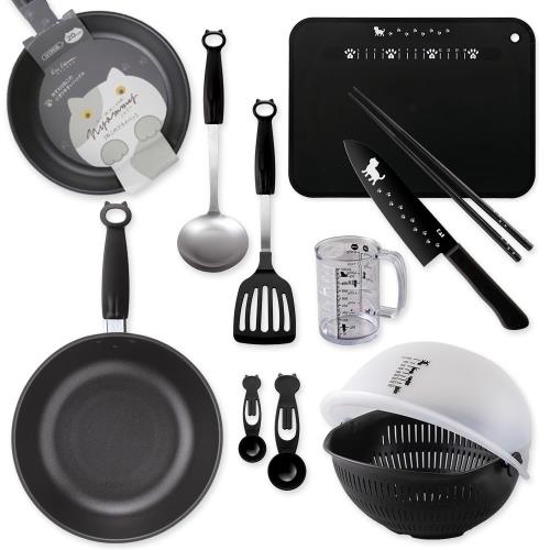 Rakuten - 【送料無料】貝印 KAI Nyammy (ニャミー) 調理器具 10点セット 猫デザイン 一人暮らし 新生活 フライパン 鍋 包丁 まな板 ざる ボウル