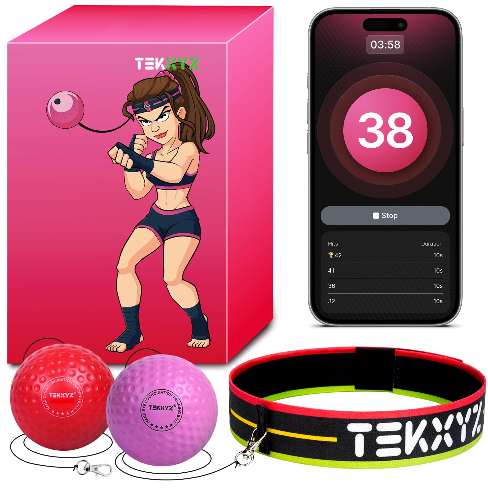 TEKXYZ ボクシング リフレックス ボール、2 つの難易度レベルのボクシング ボール、ヘッドバンド付き、テニス ボールよりも
