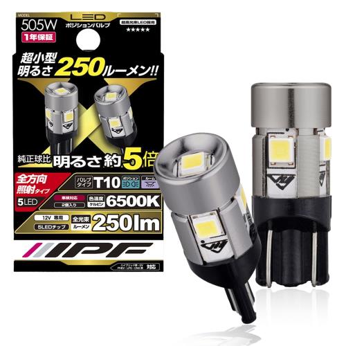 セット内容: LEDバルブ 2個入り 仕様: LED T10 12v-1.2w 6500K、1年保証付、車検対応 明るさ: 250ルーメン（純正球50ルーメン） 純正球同等の小型ショートタイプでポジション、ナンバー、ルームに最適 全方向照射でバルブが斜め、横挿しなどのランプ（カーテシー、バニティ、ラゲッジ）にも対応可能 「圧倒的ノイズ低減」スペクトラム拡散機能搭載 「サーマルシャットダウン保護機能」搭載で万一の温度上昇によるトラブルを回避セット内容: LEDバルブ 2個入り 仕様: LED T10 12v-1.2w 6500K、1年保証付、車検対応 明るさ: 250ルーメン（純正球50ルーメン） 純正球同等の小型ショートタイプでポジション、ナンバー、ルームに最適 全方向照射でバルブが斜め、横挿しなどのランプ（カーテシー、バニティ、ラゲッジ）にも対応可能 「圧倒的ノイズ低減」スペクトラム拡散機能搭載 「サーマルシャットダウン保護機能」搭載で万一の温度上昇によるトラブルを回避