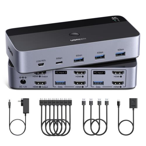 【送料無料】UGREEN HDMI KVM切替器 4K@60Hz 2モニタ2コンピュータ、2入力2出力スイッチ、 4つのUSB 3.0ポートのため2台のコンピュータ