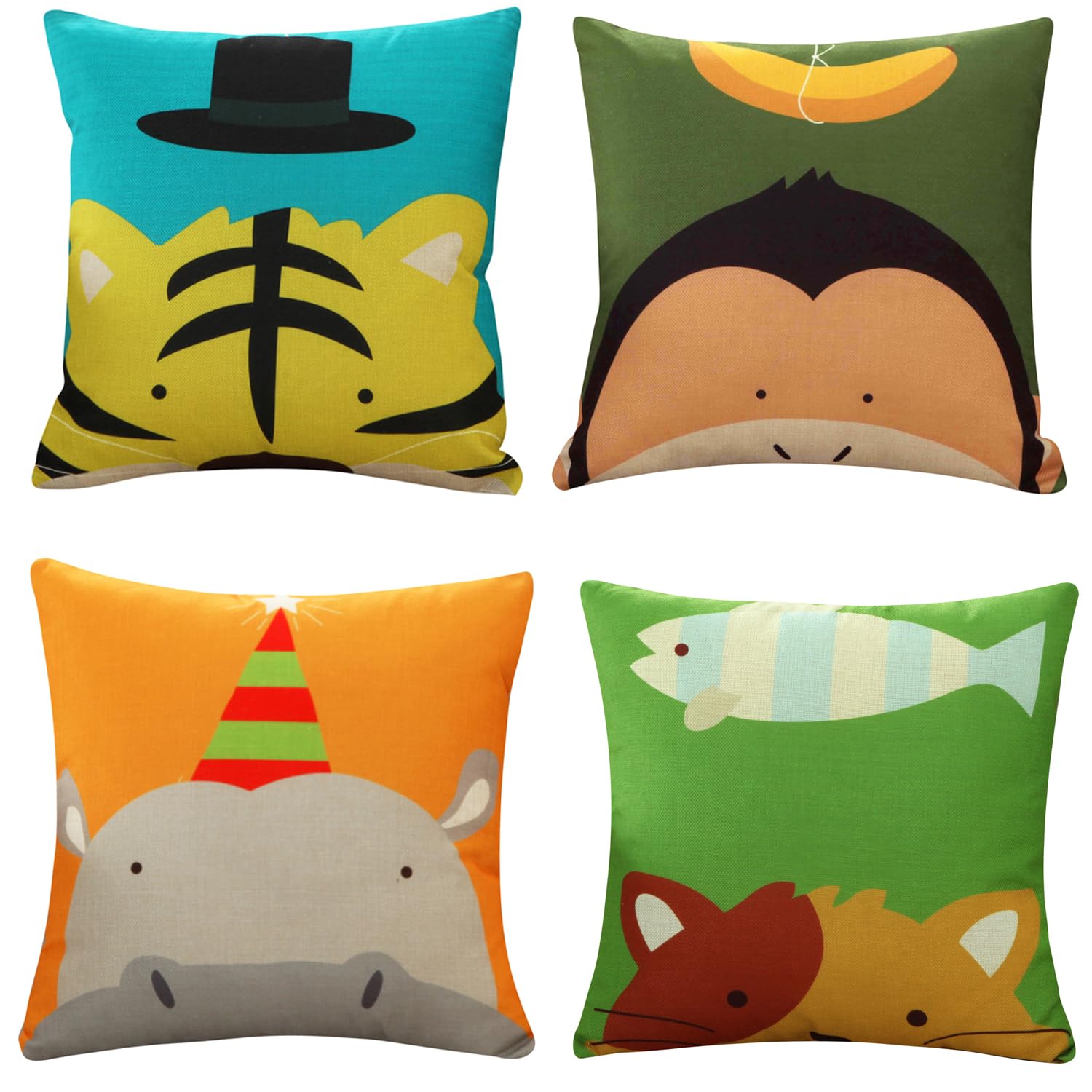 【送料無料】クッションカバー 45x45cm 4枚セット リネン おしゃれ 北欧 可愛い 動物柄 違う柄 亜麻 ナチュラル モダン シンプル ファス