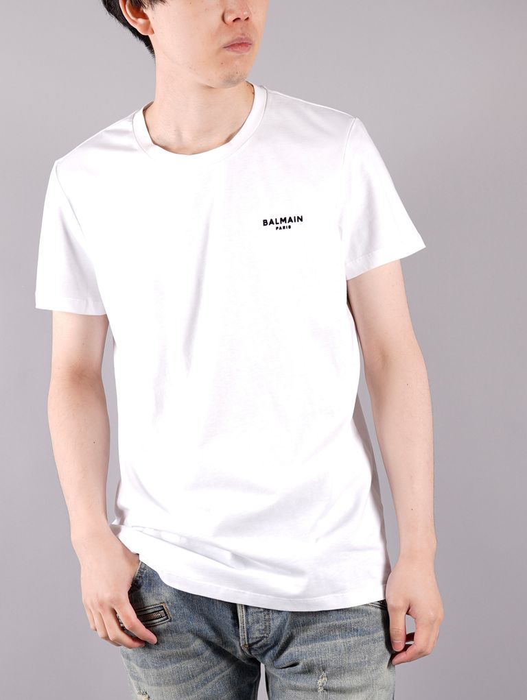 国内正規取り扱い店 Balmain Homme / バルマン オム / Black Cotton T-shirt White Balmain Velvet Logo / ブラック コットン Tシャツ ホワイトBalmainベルベットロゴ (ブラック/ホワイト)