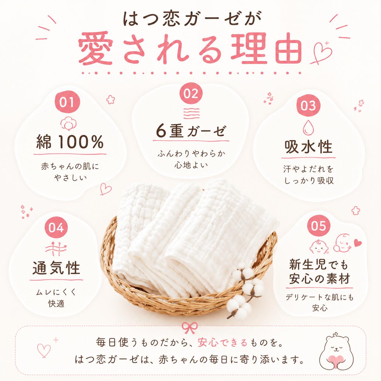 出産祝い&ベビーギフトのコニコニのガーゼハンカチ 『はつ恋ガーゼ』 日本製6重ガーゼハンカチ 4枚セット 44×44cm オーガニックコットン 綿100% 乾きが早い ガーゼ ふんわり柔らか 沐浴 プレゼント 赤ちゃん ベビー プチギフト 送料無料｜アングル3