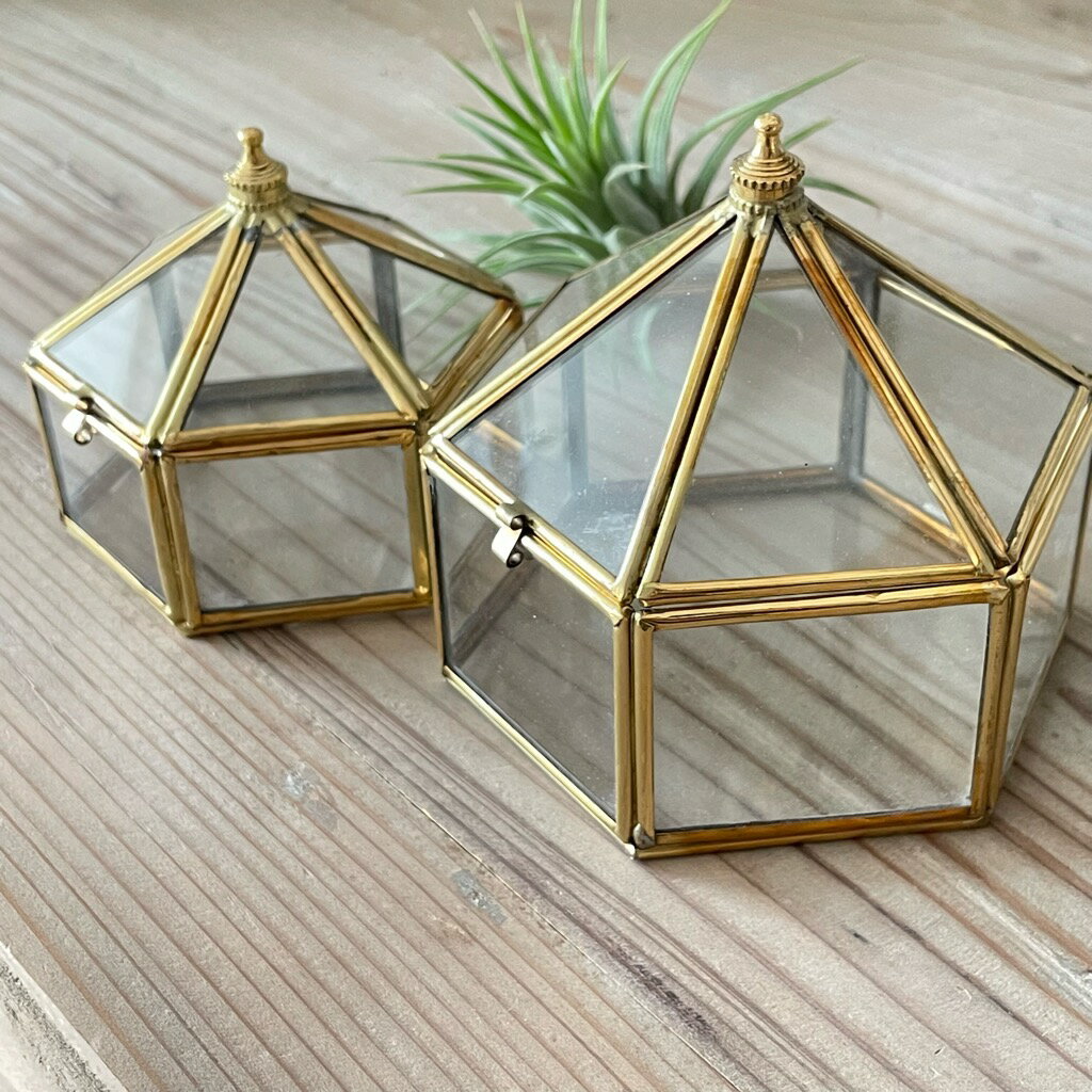 立体ガラス六角ボックスS/M ガラスケース ゴールド 置物 リングピロー アレンジメント花器 リングボックス リングケース ブライダル ウェディング インテリア雑貨 おしゃれ
