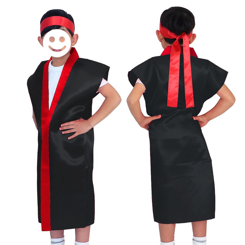 樂天商城 - サテンロングハッピ 黒 赤襟 J ハチマキ付 ハッピ 衣装 運動会 発表会 イベント