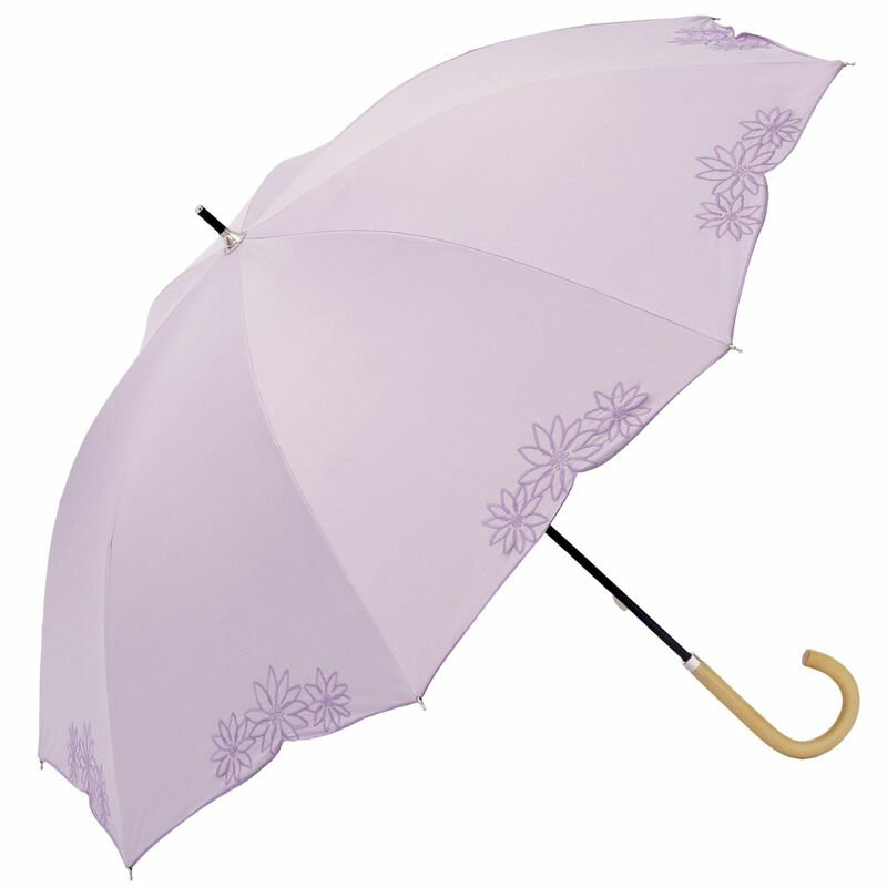 ビコーズ パラソル PU フラワー 刺繍 パープル 紫色 花びら フラワー 傘 レディース 長傘 雨傘 日傘 UVカット99.9% 遮光 晴雨兼用 防水 はっ水加工 手開きタイプ