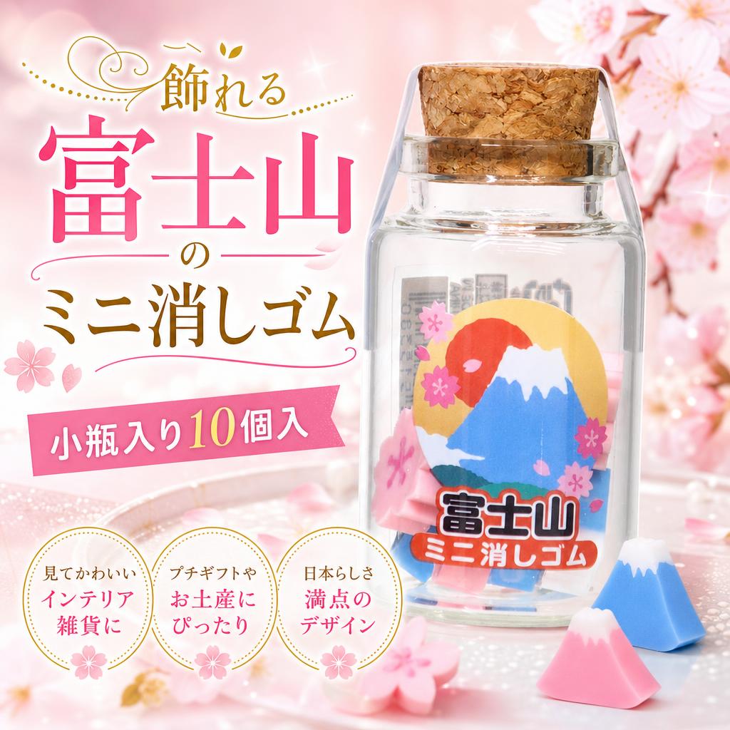 【メーカー・ブランド名】funbox【JAN】4991863515380【商品説明】毎日が楽しくなるキュートなステーショナリーシリーズこちらは、日本の人気モチーフをぎゅっと詰め込んだ[小ビン入りミニけしごむ]小瓶の中に2種x5個 計10個の小さな消しゴムが入っています飾ってかわいい、使って楽しい、ちょっとしたギフトにもぴったりのアイテムです。たのしいデザインでみんなの注目を浴びること間違いなしおもしろい文具いろいろあるのでお気に入りを揃えてくださいサイズ：直径約30x56mm（コルク付きビン）/約16x16x5mm以内（消しゴム）素材：TPR、ガラス小瓶に押し出し消しゴムがいっぱい！けしごむ/文具/事務用品/オフィス用品/筆記具文具 文房具 おしゃれ 仕事 学校 社会人 消しゴム【広告文責】株式会社コネクトゲート TEL:06-6599-8021