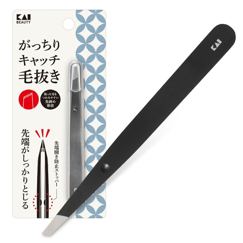 Puffs, Sponges - 貝印 がっちりキャッチ毛抜き ブラック 毛抜き 先斜 眉毛 髭 キャップ付き KQ3224