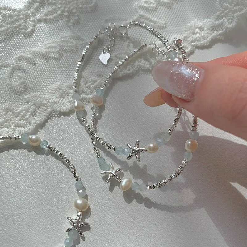 Pearl White - ブレスレット レディース シルバー 925 パール 韓国 アクセサリー アクアマリン ミニマル デザイン シンプル 軽量 フリーサイズ デイリー オフィス カジュアル プレゼント ギフト 彼女 誕生日 母の日 KURASHIPET