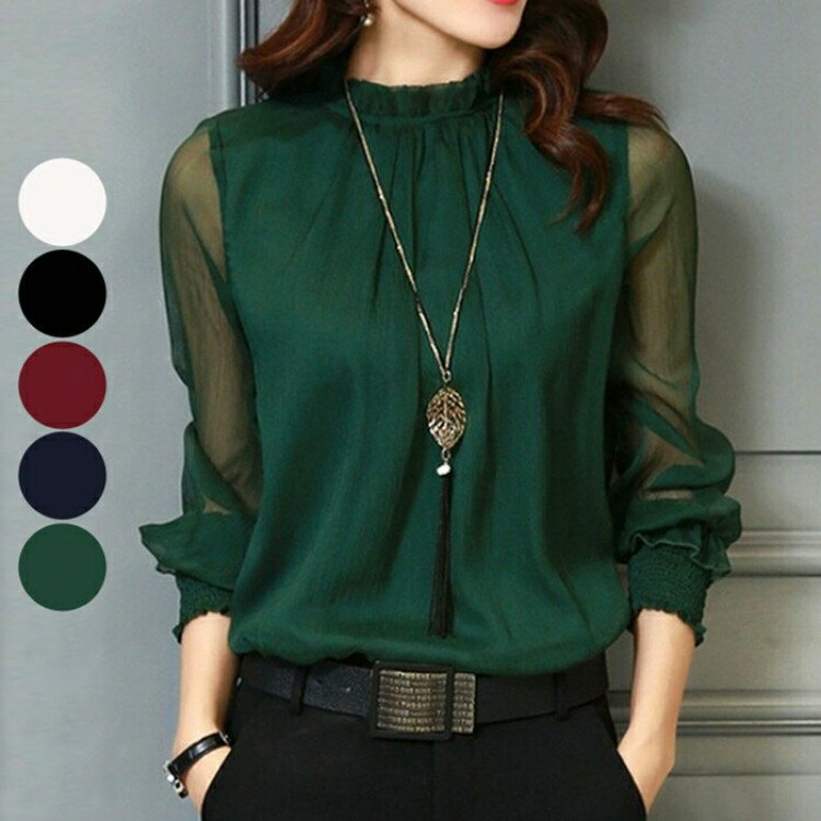 レディース ブラウス シースルー プチ ハイネック 女性 成人 ワインカラー 長袖 トップス チュール イ..