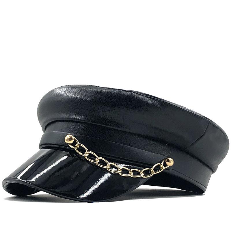 帽子 キャップ レディース 韓国ファッション PUレザー 合皮 メタルチェーン ボタン飾り 防風保温 撥水加工 通気性 ショートブリム カーブつば カジュアル デイリーユース 旅行 ブラック 秋冬