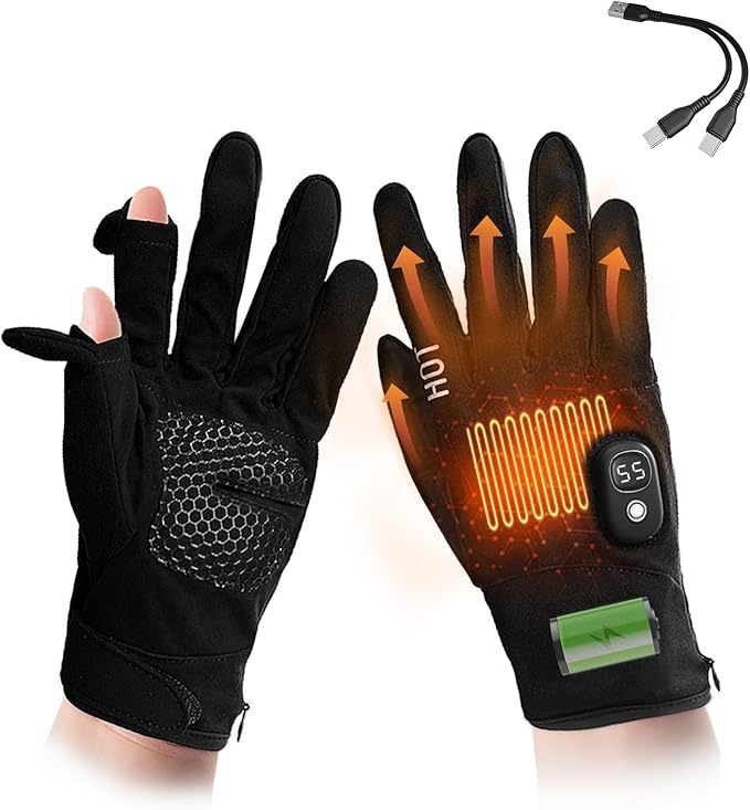 アウトドアグローブ 防寒グローブ ヒーター内蔵 電熱グローブ 【2指出し】3000mAh USB充電 3段温度調整..