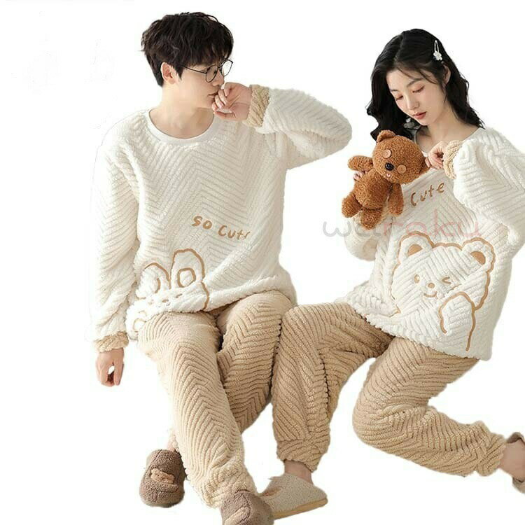 カップル パジャマ アウター ルームウェア ペア 長袖 暖かい ペアブレスレット ペア下着 冬 小熊 カー..
