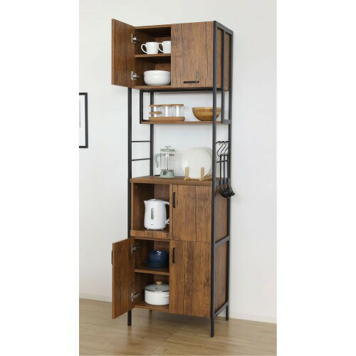 【LINEクーポン配布中】食器棚・収納棚 アート食器棚60-200 ヴィンテージブラウン [4954877233855] W60×D40×H200cm 1500W2口コンセント付 組立式 クロシオ メーカー直送 [2]