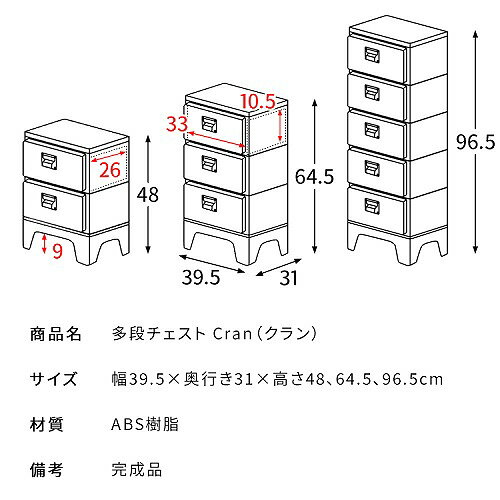 【最大3万円クーポン配布中★11日01:59まで】多段チェスト Cran クラン 5段 CBN-H005-CM [563005045] クリーム レトロモダン スリムデザイン 水や傷に強いABS樹脂素材 宮武製作所 メーカー直送 [3]
