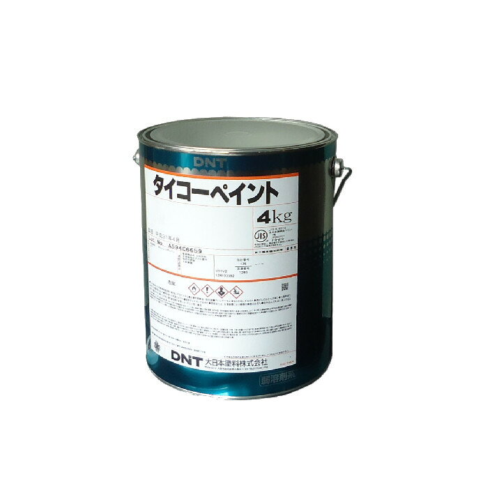 タイコーペイント　F☆☆☆ 色名：白　 容量：4kg 用途 屋内外木部・鉄部調合ペイント仕上げ 特長 弱溶剤タイプの油性塗料です。 耐候性に優れ塗り易く、優れた防錆力と美しい仕上がり特長です。 艶有りになります。 塗装基準（20度） 乾燥時間　指触：3時間　　半硬化：12時間 希釈剤：塗料用シンナー 希釈率：　刷毛塗り：5～10％ 　　　　　エアレス：5~15％ 塗装間隔：　最小16時間　最大1カ月 規格：JISK5516　1種　合成樹脂調合ペイント