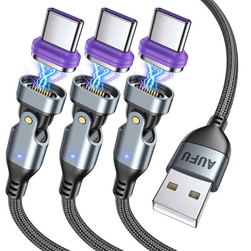 16pin マグネット 充電ケーブル 18W USB Type C ケーブル L字型 180°回転可【1M / 2M / 2M】3A急速充電 データ転送可 タイプc 充電ケーブル AndroidなどType-C機種対応【AUFU】(ブラック・3本組)