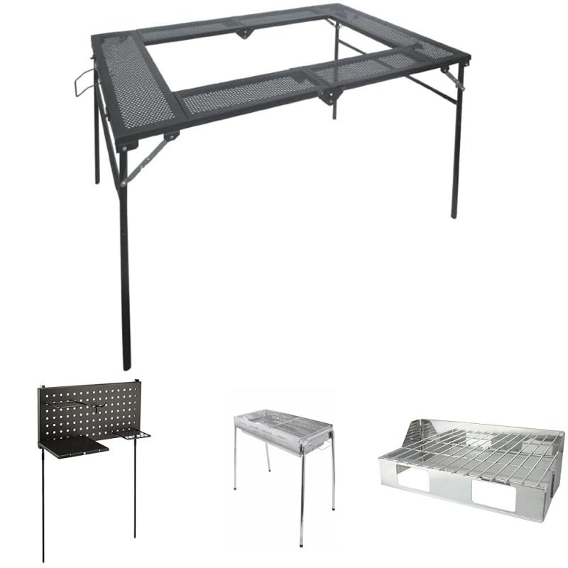 尾上製作所(ONOE) BBQテーブル T-4683 大型BBQコンロにも対応 コンロ回りに食器などを置くことが出来る 折りたためてコンパクトに収納可能 脚は本体に収納可能 2種類のストッパー付き 立って/