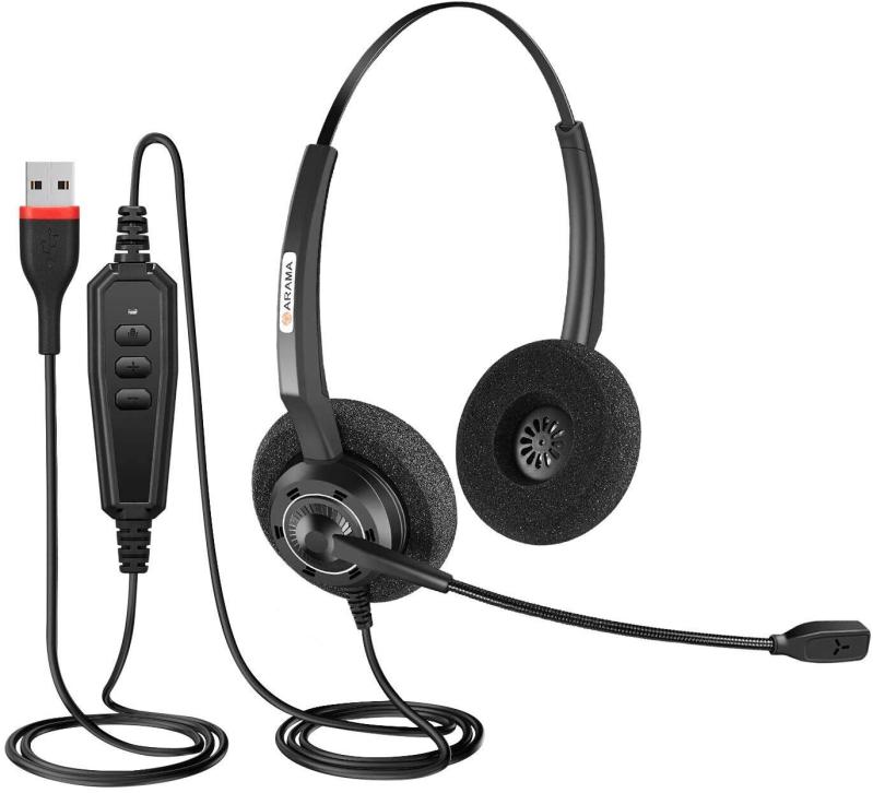 Arama ヘッドセット USB ミュート可能 ノイズキャンセリングマイク付き PC用ヘッドホン Skype、Web会議用、在宅勤務、業務用、オフィス、コールセンターに適用 超快適 有線PC用ヘッドホン