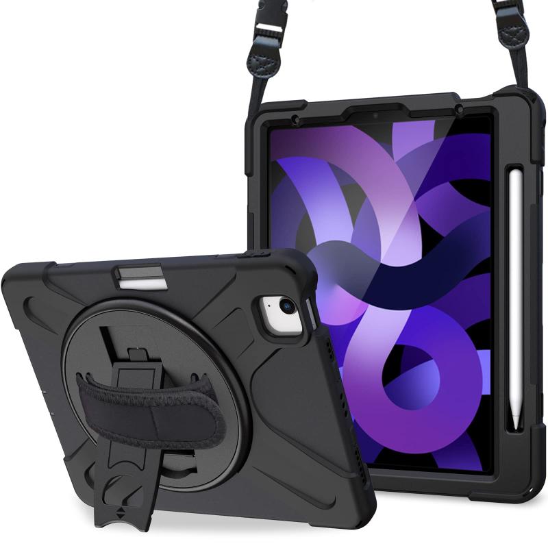 ProCase iPad Air5 ケース 2022 Air4 ケース 2020 肩掛け式 ペン収納 衝撃吸収 360°回転スタンド 手首とショルダーストラップ付き