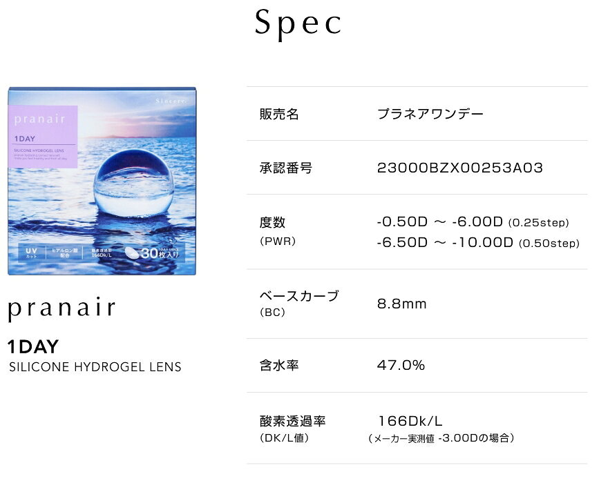 【送料無料！8箱】シンシア ワンデー Sincere シリコーンハイドロゲル素材 コンタクトレンズ プラネアワンデー pranair 1day 30枚入 8箱 1日交換 1日使い捨て 終日装用 近視用 ソフトコンタクトレンズ contaro-10001096 こんたろう サンプル画像2
