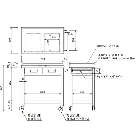 東製作所 引出・コボレ止付ステンレス製ワゴン2段3方コボレ止 3GWGO2-750K 750×450（送料無料 代引不可）