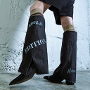 【SALE / 40%OFF 】《 COOLA ロゴ ペイント デニム ブーツ 》 カバーブーツ ロングブーツ シューズ SHOES BOOTS ブラックデニム...