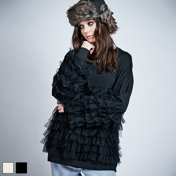 《 チュール フリル スイッチング ルーズ スウェット ブラック 》 COOLA クーラ トップス TOPS ドッキ..