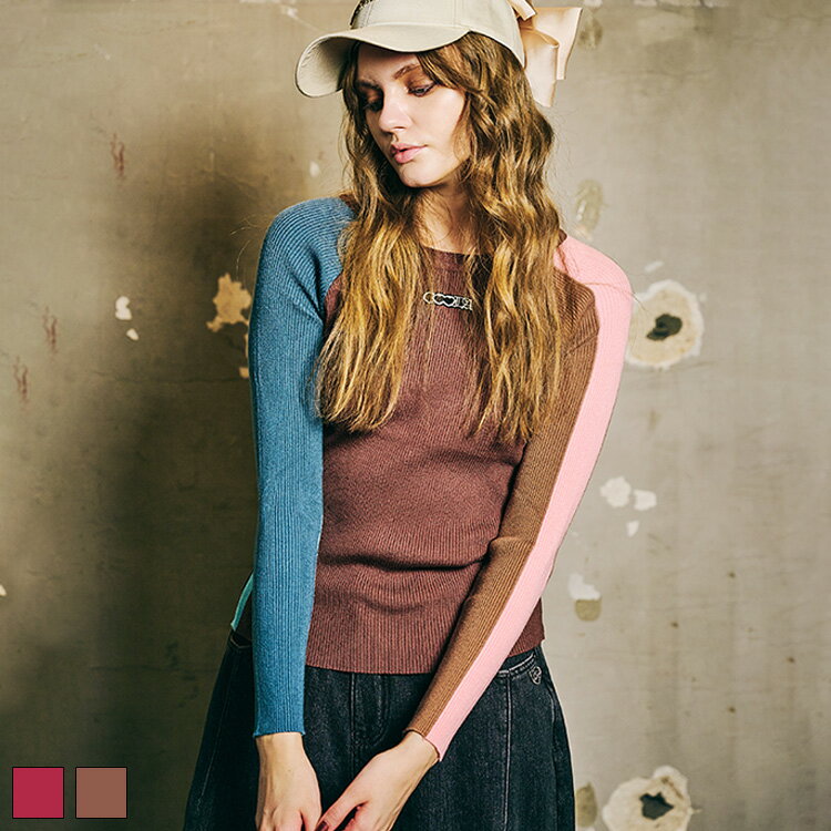 《 COOLA スイッチング TOPS ブラウン 》 クーラ トップス TOPS ニット ニットトップス タイト 配色 カ..