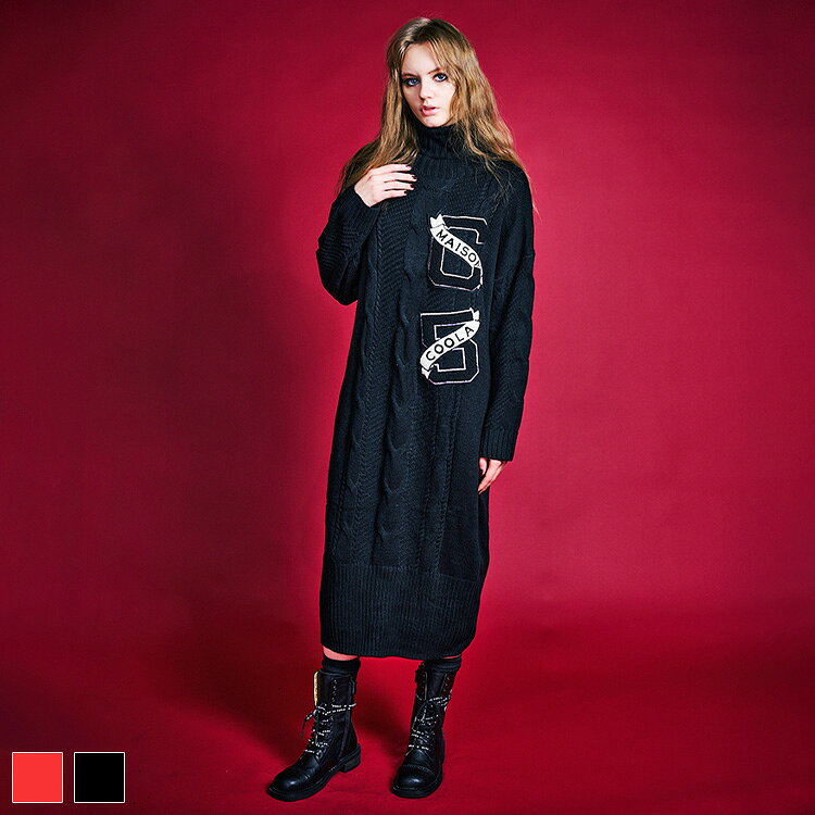 《 フラッグ ロゴ ロング ニット ドレス ブラック 》 COOLA クーラ ワンピース ロングワンピース ニッ..