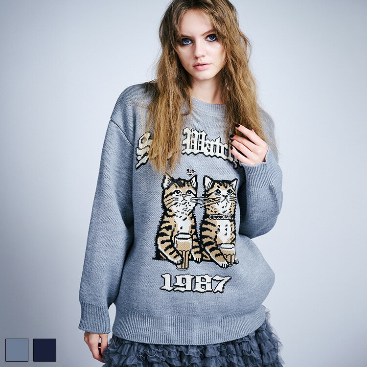 《 COOLA MADE® エンブロイダリー CAT ニット TOPS グレー 》 クーラ トップス ニットトップス ネコ 猫..