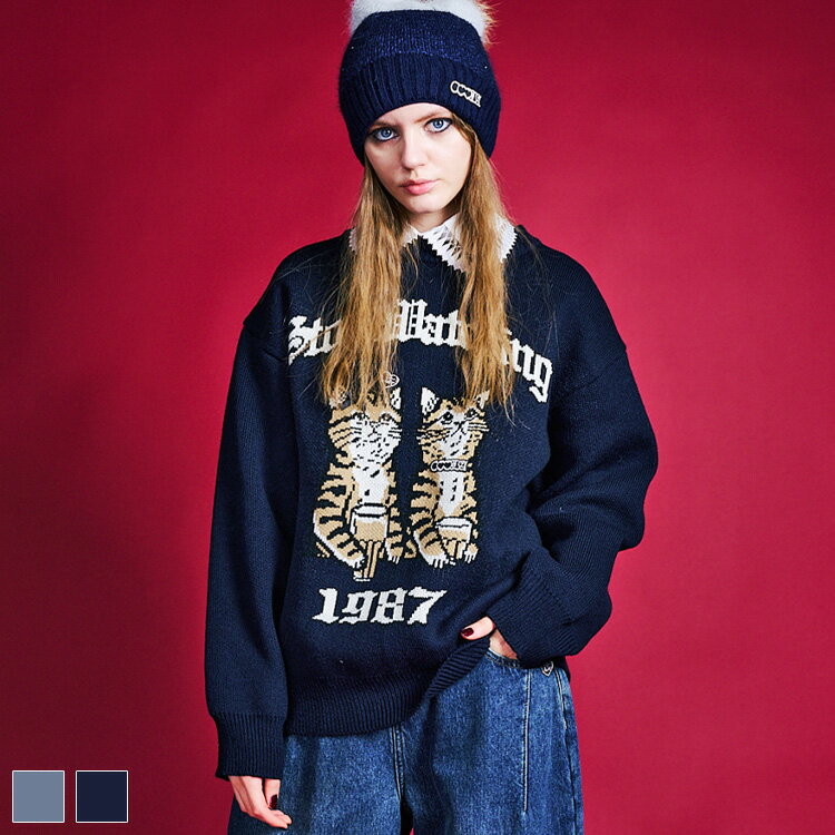 《 COOLA MADE® エンブロイダリー CAT ニット TOPS ネイビー 》 クーラ トップス ニットトップス ネコ ..