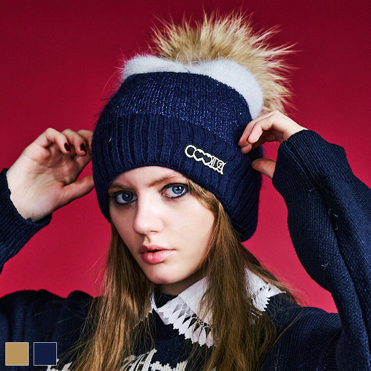 《 スイッチング ポンポン ニット ビーニー キャメル 》 COOLA クーラ 帽子 ニット帽 ニットビーニー ..