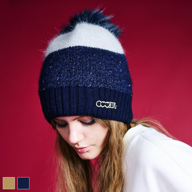 《 スイッチング ポンポン ニット ビーニー ネイビー 》 COOLA クーラ 帽子 ニット帽 ニットビーニー ..