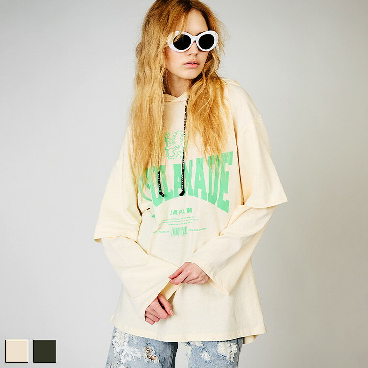 Rakuten - 《 COOLA ヴィンテージ プリント レイヤード L/S Tシャツ アイボリー 》 クーラ トップス TOPS カットソー フード ティーシャツ レイヤード フェイクレイヤード プリントTシャツ TEE ルーズシルエット おしゃれ レディース カジュアル ストリート レディースファッション