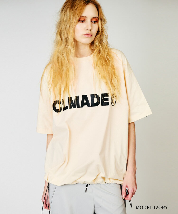 《 ロゴ プリント ドローコード ルーズ Tシャツ アイボリー 》 COOLA クーラ TOPS トップス 半袖 カットソー ルーズシルエット ユニセックス おしゃれ レディース カジュアル ストリート レディースファッション モード デイリー メンズ メンズファッション