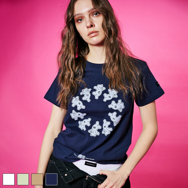 Rakuten - 《 COOLA サークル ベアー プリント コンパクト Tシャツ ネイビー 》 クーラ TOPS トップス カットソー コンパクトティー 半袖 半袖ティー クマ テディベア ロゴ プリントティー アニマル 動物 おしゃれ レディース カジュアル ストリート レディースファッション デイリー