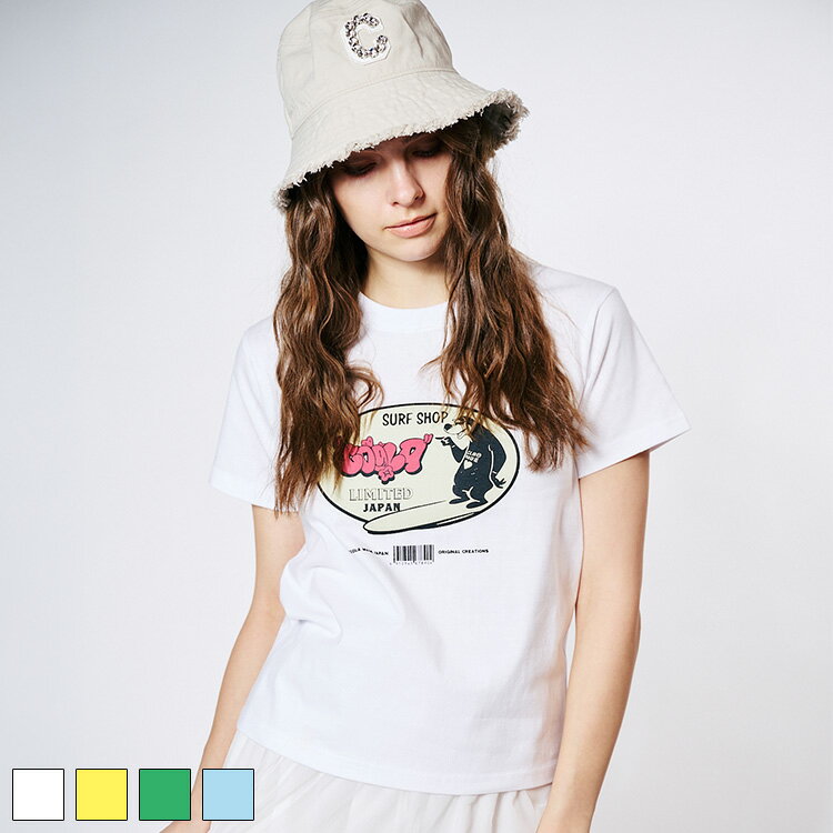 Rakuten - 《 COOLA サーフ プリント コンパクト Tシャツ ホワイト 》 クーラ TOPS トップス 半袖 ティーシャツ 半袖ティー プリントティー アニマル 動物 ロゴ カットソー インナー コンパクトティー おしゃれ レディース カジュアル ストリート レディースファッション デイリー