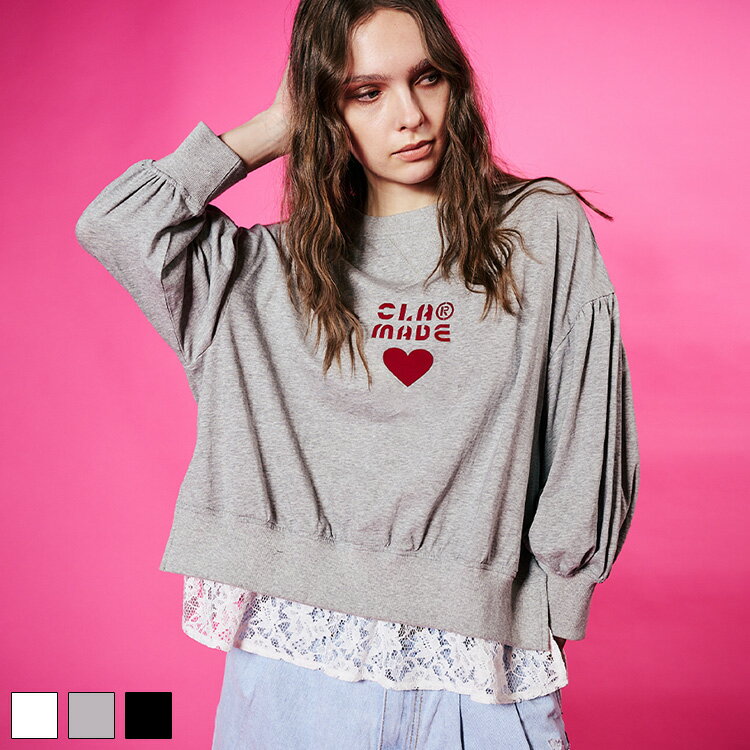 Rakuten - 《 ハート ロゴ パッチ パフ Tシャツ グレー 》 COOLA クーラ TOPS トップス カットソー パフスリーブ ティーシャツ 9分丈 プリント ハート 光沢 レース ドッキング 異素材 ルーズシルエット おしゃれ レディース カジュアル ストリート スポーティー デイリー モード