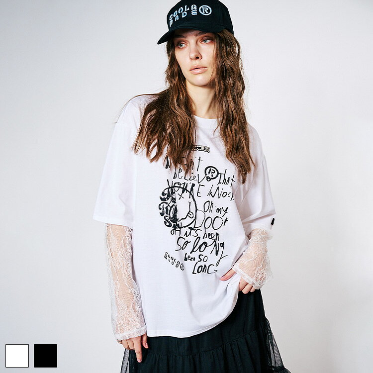 Rakuten - 《 COOLA スクリブル レイヤード レース L/S Tシャツ ホワイト 》 クーラ TOPS トップス レイヤードトップス ルーズシルエット ロゴ プリント プリントティー カットソー シアー 長袖 日よけ対策 冷房対策 おしゃれ レディース カジュアル ストリート レディースファッション