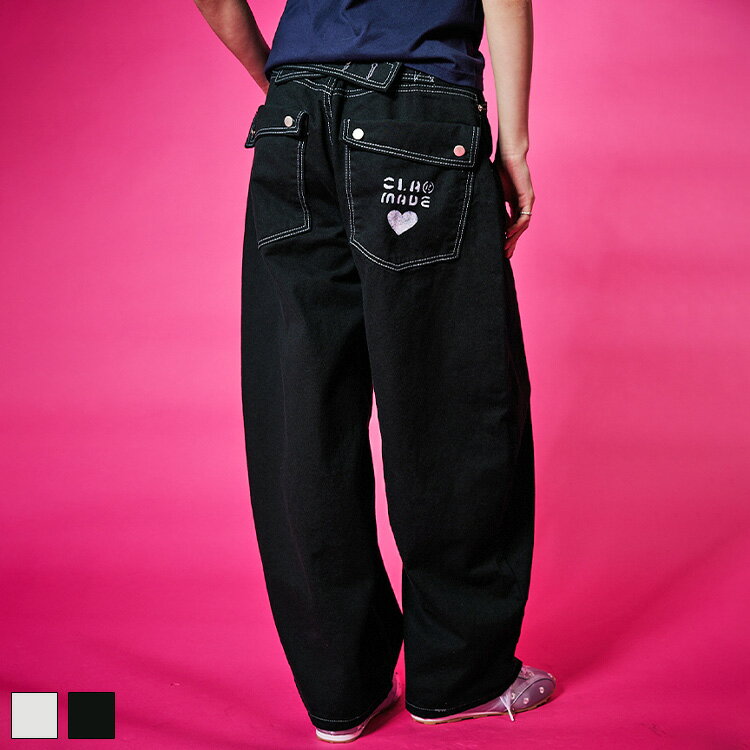 Rakuten - 《 コントラスト ステッチ ワイド カーブ パンツ ブラック 》 COOLA クーラ ボトムス BOTTOMS カーブパンツ ロング丈 ルーズサイズ ロゴ ペイント ハート ベルト 変形シルエット PANTS おしゃれ レディース カジュアル ストリート レディースファッション デイリー