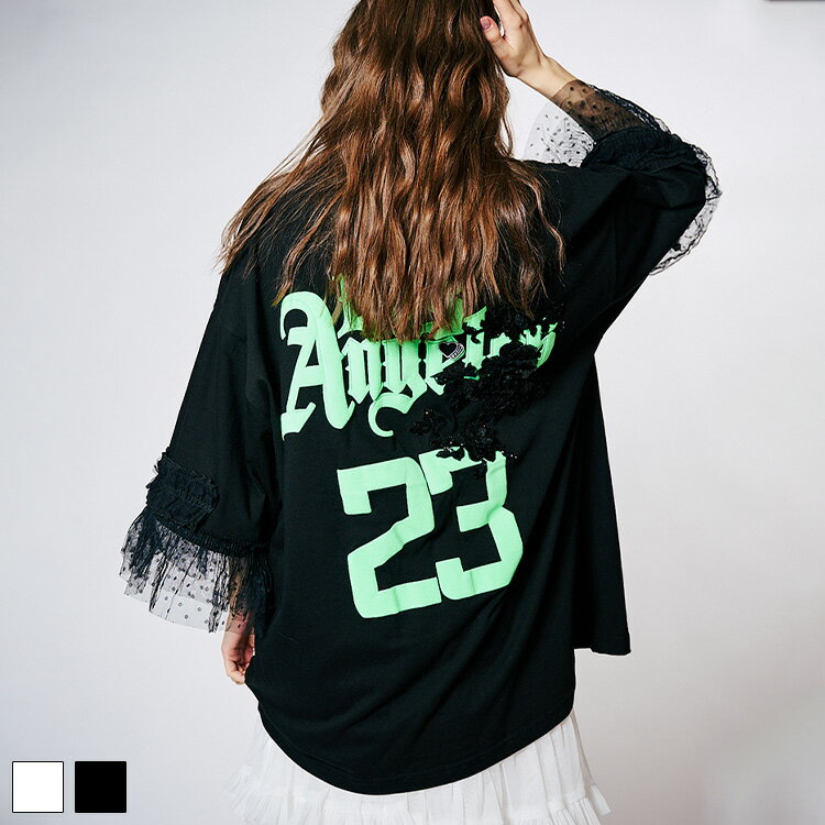 Rakuten - 《 フリル スリーブ 23 プリント ルーズ Tシャツ ブラック 》 COOLA クーラ TOPS トップス カットソー ビッグシルエット ルーズシルエット 発砲プリント カラープリント チュール 異素材 ロゴ ペイント おしゃれ レディース カジュアル ストリート レディースファッション