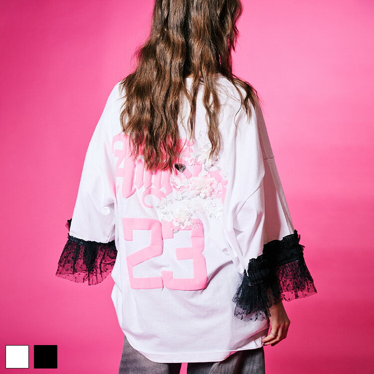 Rakuten - 《 フリル スリーブ 23 プリント ルーズ Tシャツ ホワイト 》 COOLA クーラ TOPS トップス カットソー ビッグシルエット ルーズシルエット 発砲プリント カラープリント チュール 異素材 ロゴ ペイント おしゃれ レディース カジュアル ストリート レディースファッション