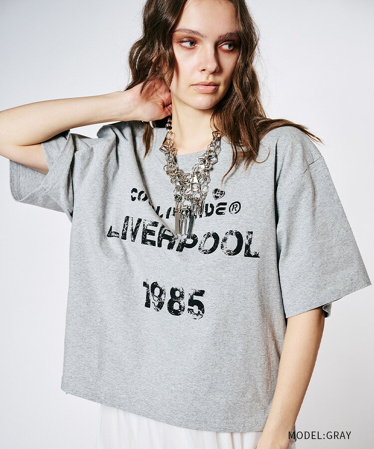 《 COOLA ヴィンテージ プリント クロップド Tシャツ グレー 》 クーラ TOPS トップス カットソー 半袖 ボックスシルエット ボックスティー ティーシャツ ルーズシルエット ロゴ ハート ワッペン おしゃれ レディース カジュアル ストリート レディースファッション モード