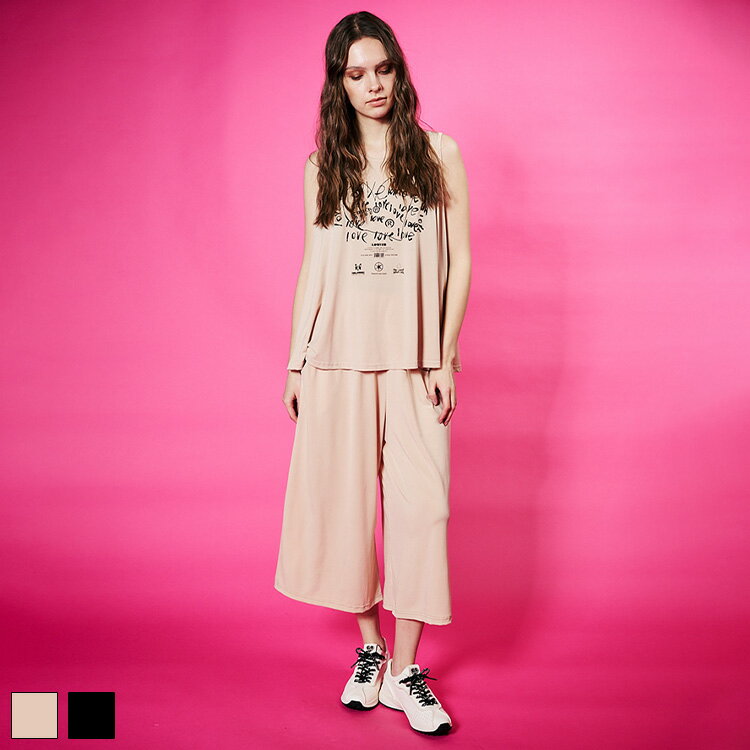 Rakuten - 《 COOLA ハート スクリブル プリント TOPS & PANTS ベージュ 》 クーラ セットアップ SETUP トップス パンツ ボトムス カットソー ノースリーブ 上下セット ルーズシルエット リラックス おしゃれ レディース カジュアル ストリート レディースファッション スポーティー