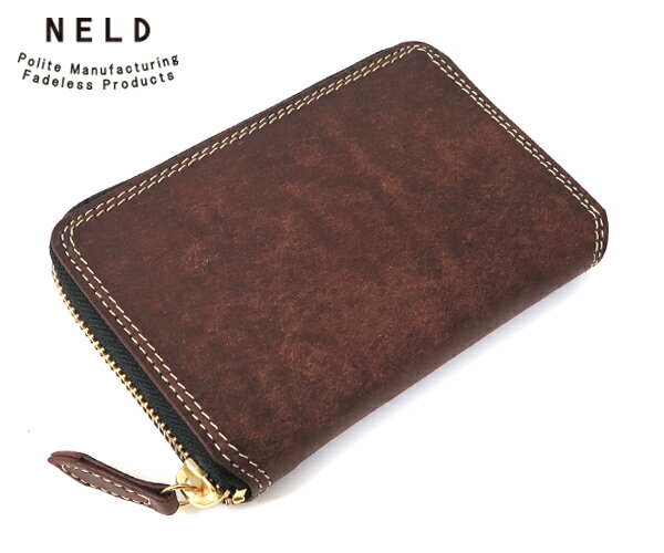 【選べるノベルティ付】NELD PUEBURO ネルド プエブロレザー ラウンドミドル財布 （カラー：チョコ） AN150 | メンズ 財布 icカード ウォレット ラウンドファスナー 二つ折り財布 革財布 レザー id 本革 折財布 紳士 メンズサイフ