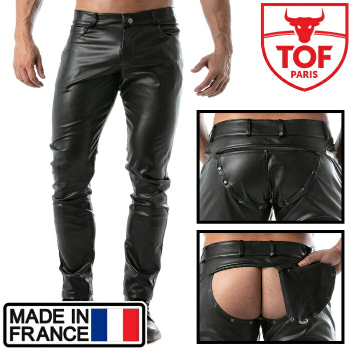 乐天商城 - メンズ 合皮パンツ レザー風 フェイクレザー パンツ タイトフィット フランス製 フェチ TOF Paris KINKY バック全開パンツ(tof351)