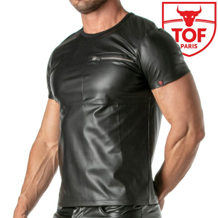 メンズ Tシャツ フェティッシュ フェイクレザー レザー風　シャツ フランス製 フェチ TOF Paris KINKY ZIPPED ポケットTシャツ(tof354)