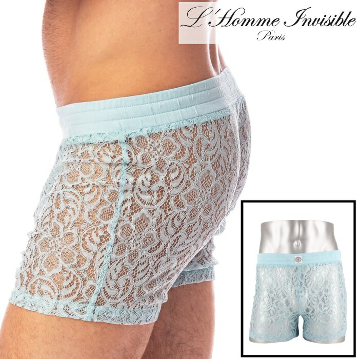 L'HOMME INVISIBLE トランクス 男性下着 メンズインナー ルームウェア L'Homme Invisible ロームアンヴィジーブル Fleur d'Ether Blue レース メッシュ ラウンジ・ショーツ (hw165-fdee-021)[M便 1/3]