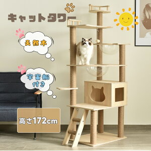 キャットタワー 据え置き 木製 天然木 宇宙船付き 猫タワー 高さ172CM 階段 機能満載 爪とぎ 多頭飼い 安定感抜群 頑丈 省スペース 猫ハウス キャットポール おしゃれ ポンポンおもちゃ 猫用品 おしゃれ 隠れ家